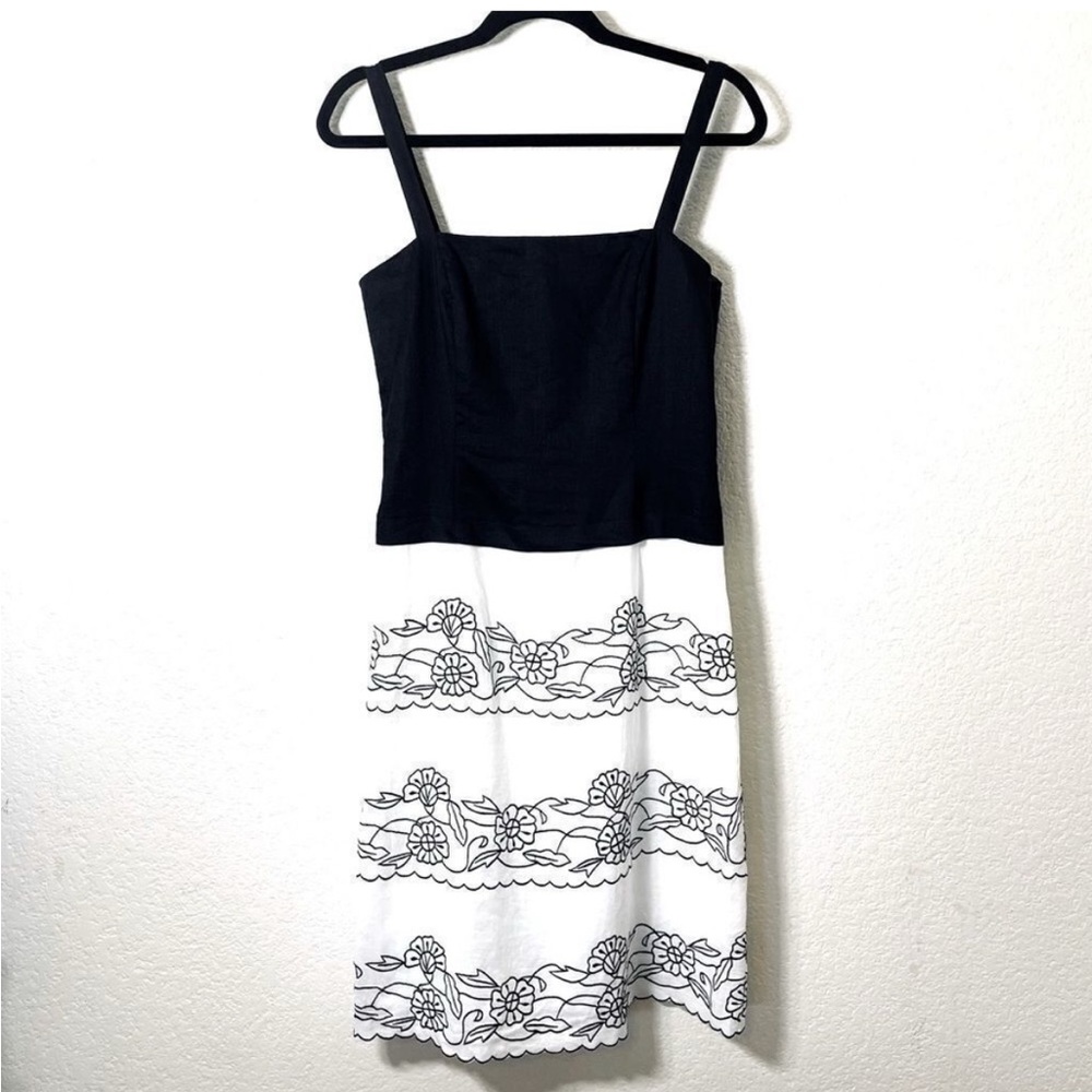 Black and White Floral Midi Dress with Square Neck